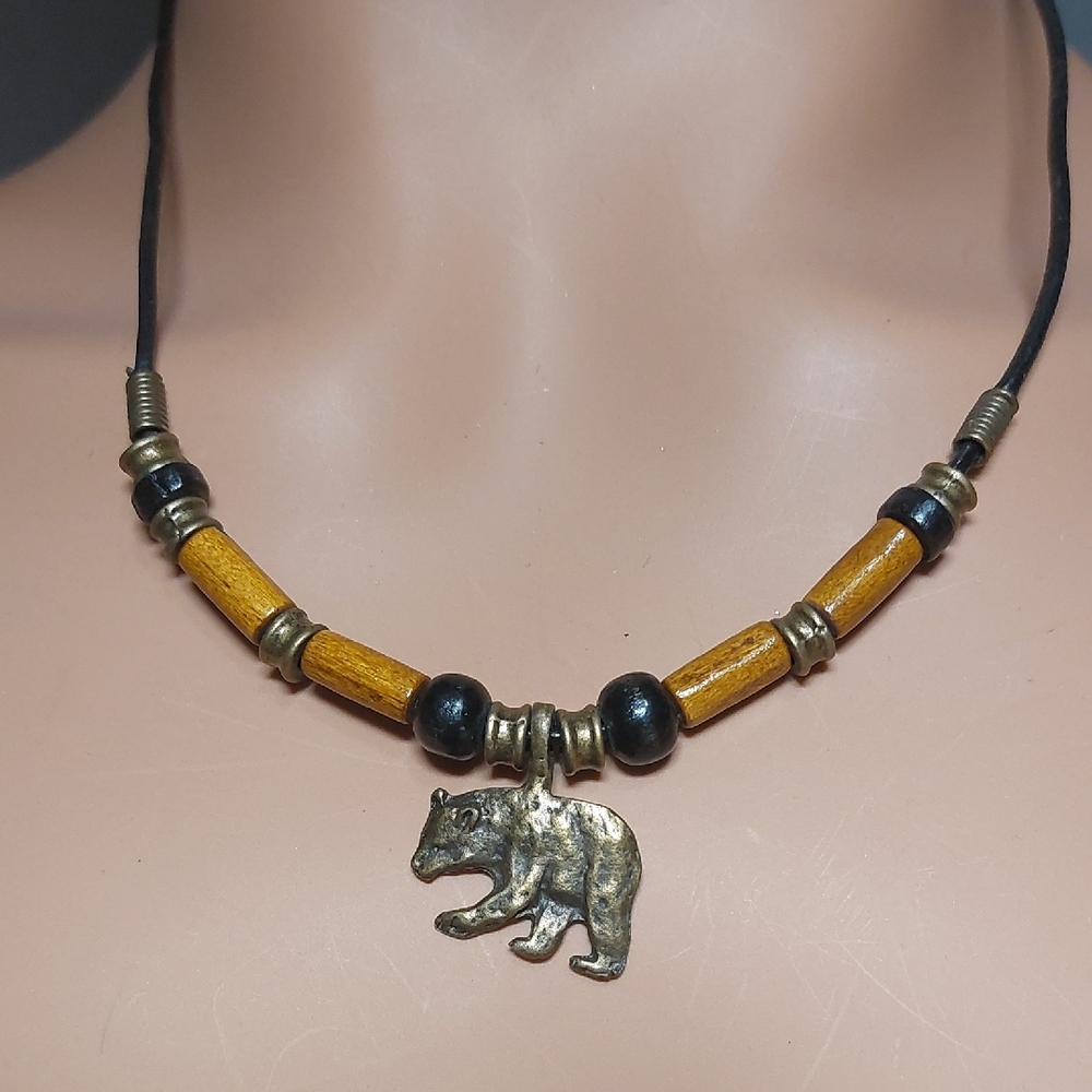 Grizzly Bear Beaded Necklace Leather Cord